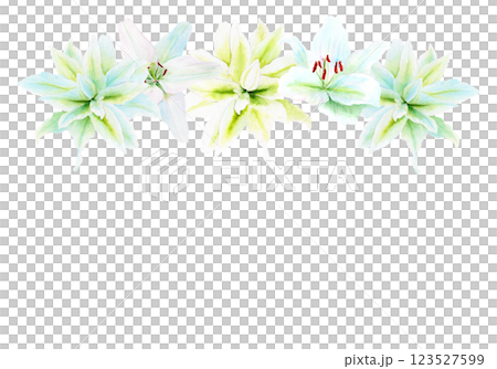 White lily flower garland watercolor illustration isolated on white. High quality clip art perfect for cards, posters, stickers, Easter, Passover, Holy Thursday, christening baptism wedding church 123527599