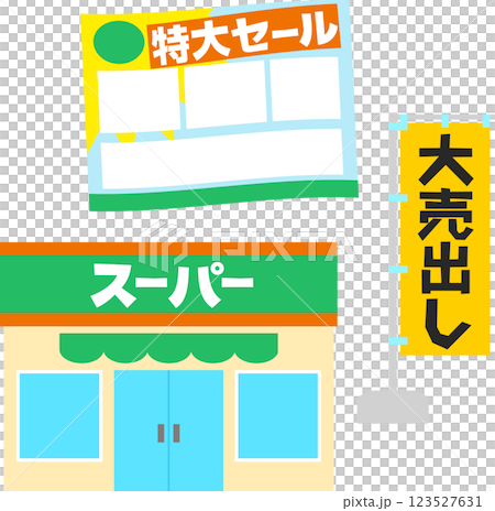 スーパーマーケットの建物とチラシと幟 123527631