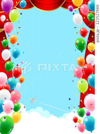 風船、幕、緞帳、飛行機雲、背景、かわいい、イラスト、ゴールデンウィーク、横 123527660
