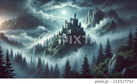 霧に包まれた神秘的な山岳の古城 123527752
