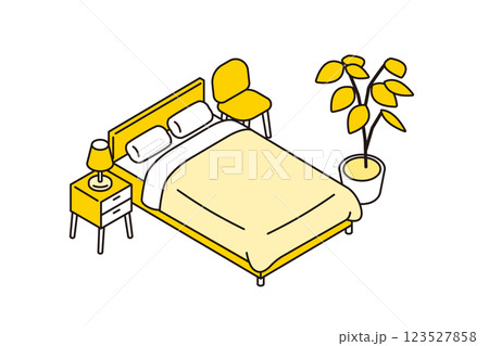 ダブルベッドと観葉植物のあるベッドルームのシンプルなアイソメトリックイラスト 123527858