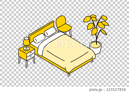 ダブルベッドと観葉植物のあるベッドルームのシンプルなアイソメトリックイラスト 123527858