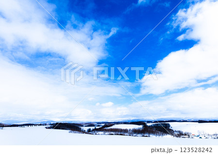 冬の青空と白い雲と北海道美瑛町の丘の上からの風景 冬の青空と白い雲と北海道美瑛町の丘の上からの風景 123528242