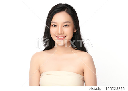 Beautiful young asian woman with clean fresh skin on white background, Face care, Facial treatment, Cosmetology, beauty and spa, Asian women portrait. Beautiful young asian woman with clean fresh skin on white background, Face care, Facial treatment, Cosmetology, beauty and spa, Asian women portrait. 123528253