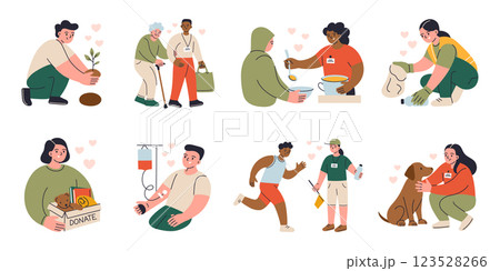 Vector illustrations set of volunteering activities. Charity, blood donation, animal care, environmental cleanup, tree planting. Flat cartoon volunteers help homeless, elderly assistance composition Vector illustrations set of volunteering activities. Charity, blood donation, animal care, environmental cleanup, tree planting. Flat cartoon volunteers help homeless, elderly assistance composition 123528266
