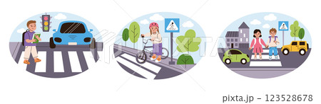 Vector illustrations of children following road safety rules. Boy crossing at traffic light, girl in helmet with bicycle near pedestrian sign, kids on crosswalk. Traffic flat cartoon compositions Vector illustrations of children following road safety rules. Boy crossing at traffic light, girl in helmet with bicycle near pedestrian sign, kids on crosswalk. Traffic flat cartoon compositions 123528678