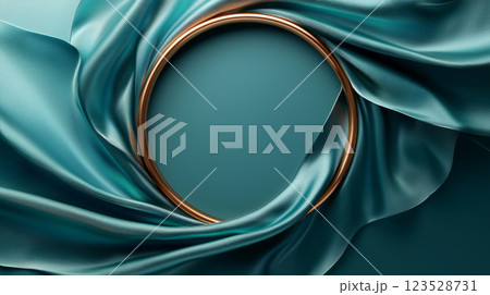 flowing stream of iridescent satin, weaving around a bronze circle, on a muted teal background flowing stream of iridescent satin, weaving around a bronze circle, on a muted teal background 123528731