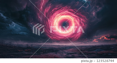 glowing magenta spiral, hovering above a windswept savanna with distant thunderstorms and lightning 123528744