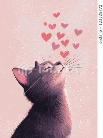Adorable cat blows kiss, tiny hearts float 123528772