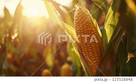 Fresh corn on the cob with golden kernels in a beautiful close-up 123528848