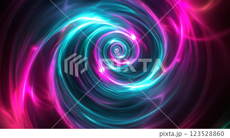 Futuristic tunnel of light with merging neon beams in pink, teal, and violet, creating a fusion vortex effect 123528860