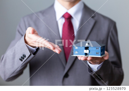 マンションの住宅模型を持つミドル男性ビジネスマン 123528970