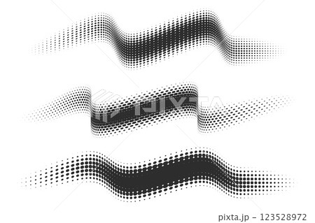 Dotted vector shapes. Abstract gradient wavy elements isolated on white background. Halftone geometric lines with gradation texture. Curved dynamic set. 123528972