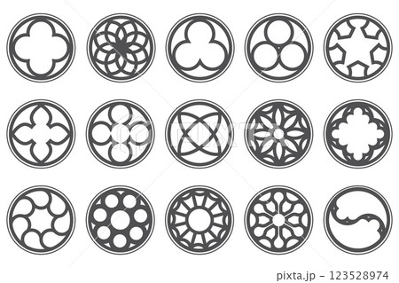 Gothic circle rose window with medieval ornament. Cathedral rosette on white background. Christian architecture elements with stained glass. Radial vector frame. 123528974