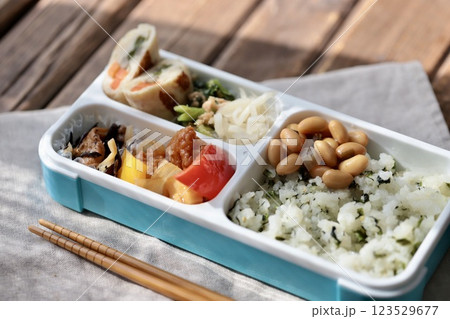 仕切り一体型弁当箱を使った手作りの和食弁当 仕切り一体型弁当箱を使った手作りの和食弁当 123529677