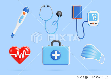 3d set of emergency medical service icon render. Paramedic equipment, first aid medicine bag, face mask, stethoscope, thermometer, tonometer and red heart beat. Health care concept. 3D illustration 123529683