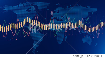 Global financial data visualization with candlestick chart, line graphs, and world map background, representing stock market trends, economic analysis, and international trade statistics Global financial data visualization with candlestick chart, line graphs, and world map background, representing stock market trends, economic analysis, and international trade statistics 123529831