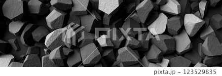 Dark geometric stone background with sharp edges, rough surface texture, abstract 3D rocky pattern, wide web banner, black and white polygonal structure. 3d rendering 123529835