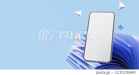 Modern smartphone mockup educational app blue background learning tool digital interface study aid interactive design technology stack papers geometric shapes 123529840