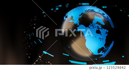 Earth 3d illustration, black background, global map, blue continents, digital banner, world news splash, futuristic design, isolated globe, shiny surface, dark space, modern graphic 123529842