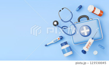 3d medical equipment banner. Doctor bag with first aid medicine, stethoscope, thermometer, syringe, bottle with pill and drug on blue render background. Ambulance service, healthcare. 3D illustration 123530045