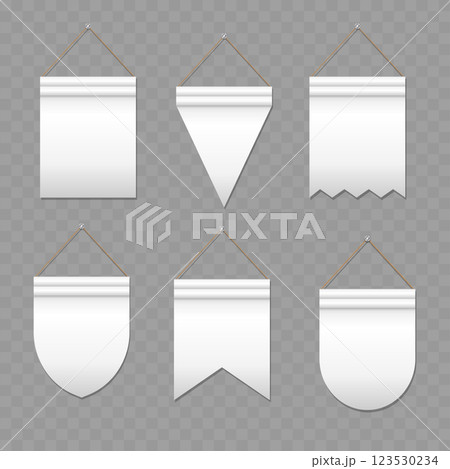 Blank Hanging Fabric Pennant Banner Set Mockup Vector 123530234
