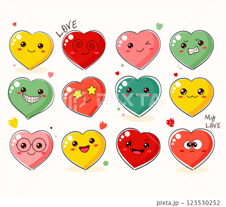 Cute Valentine heart in kawaii style. Collection of heart-shaped emoticons with different mood. Set of cute funny hearts with emoji faces in different expressions. Vector illustration EPS8 Cute Valentine heart in kawaii style. Collection of heart-shaped emoticons with different mood. Set of cute funny hearts with emoji faces in different expressions. Vector illustration EPS8 123530252