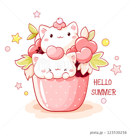 Summer card with cute dessert in kawaii style. Two little cats and cupcake with whipped cream and cherry. Inscription Hello summer. Can be used for t-shirt print, sticker, greeting card. Vector EPS8 Summer card with cute dessert in kawaii style. Two little cats and cupcake with whipped cream and cherry. Inscription Hello summer. Can be used for t-shirt print, sticker, greeting card. Vector EPS8 123530256