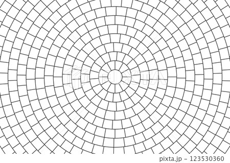 Paved circle pattern tile background. Circular brick mosaic. Round radial stone pavement. Paving tile simple floor texture. Black line. Vector illustration isolated on white background 123530360