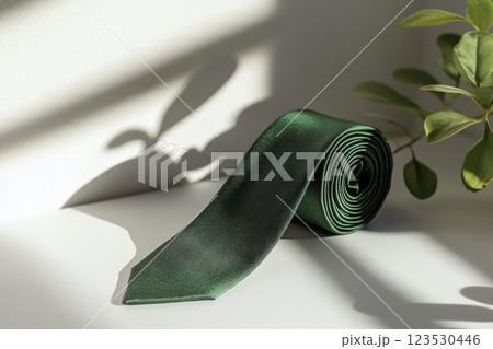 Elegant Green Necktie with Plant Shadows on Minimalist Surface 123530446