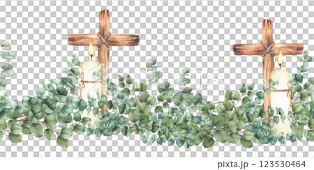Burning candle with wooden Cross and Eucalyptus silver dollar plant green branches seamless border. Church Watercolor painted illustration isolated from background for first communion, Easter pattern. 123530464
