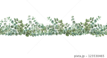 Eucalyptus green leaves branches seamless border. Greenery Watercolor pattern silver dollar tree twigs hand drawn botanical illustration for church, baptism fabric design isolated from background Eucalyptus green leaves branches seamless border. Greenery Watercolor pattern silver dollar tree twigs hand drawn botanical illustration for church, baptism fabric design isolated from background 123530465