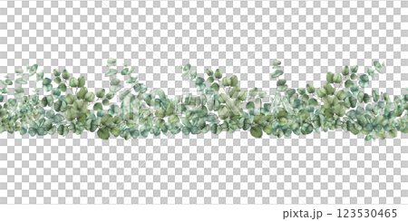 Eucalyptus green leaves branches seamless border. Greenery Watercolor pattern silver dollar tree twigs hand drawn botanical illustration for church, baptism fabric design isolated from background Eucalyptus green leaves branches seamless border. Greenery Watercolor pattern silver dollar tree twigs hand drawn botanical illustration for church, baptism fabric design isolated from background 123530465