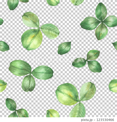 Clover green leaves watercolor seamless pattern. Botanical hand drawn realistic illustration. Wildflowers leaf, floral good luck, St Patricks Day symbol for fabric, package. Isolated from background  123530466
