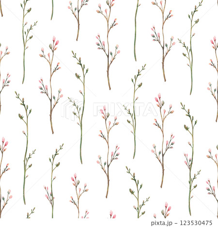 Twig with pink buds and little rose flowers seamless pattern. Spring brunch or dry flowers herbs watercolor hand drawn illustration. Wildflower sprig. Botanical floral clipart Isolated from background 123530475
