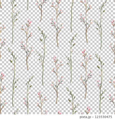 Twig with pink buds and little rose flowers seamless pattern. Spring brunch or dry flowers herbs watercolor hand drawn illustration. Wildflower sprig. Botanical floral clipart Isolated from background 123530475