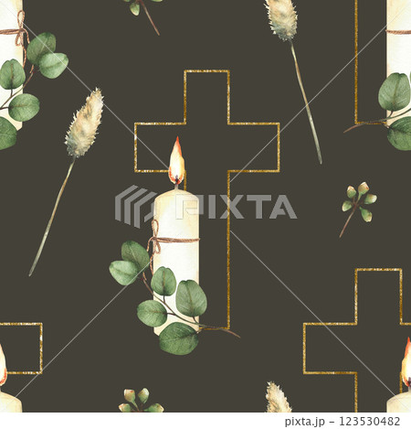 Golden Cross with a white burning candle and green eucalyptus branch seamless pattern. Watercolor religious painted illustration. Religious church design for baptism fabric on Isolated dark background 123530482