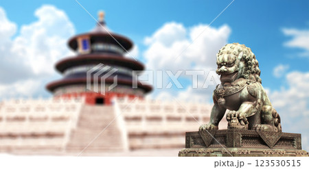 Horizontal banner with Temple of Heaven and ancient chinese lion statue, Beijing. Bronze guardian lion, Tian Tan (Hall of Prayer for Good Harvests), China. Topic of vacation, travel, cruises, tours 123530515