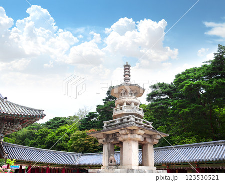 Famous Dabotap Pagoda and roofs of Bulguksa temple, Gyeongju, South Korea. Dabo Pagoda (Pagoda of many treasures) in Bulguksa temple complex on Tohamsan, Jinhyeon-dong, Gyeongju, Republic of Korea 123530521
