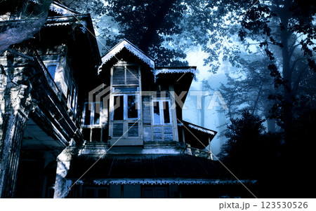 Horizontal Halloween banner with haunted house. Old abandoned house in the night forest. Scary colonial cottage in mysterious forestland. Photo toned in blue color Horizontal Halloween banner with haunted house. Old abandoned house in the night forest. Scary colonial cottage in mysterious forestland. Photo toned in blue color 123530526