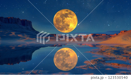 A desert landscape awakes under the glow of a golden full moon, with a starry sky and mirrored reflections 123530540