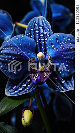 a blue orchid with raindrops. Close-up. Macro photography. Vertical image. one flower	 123530595