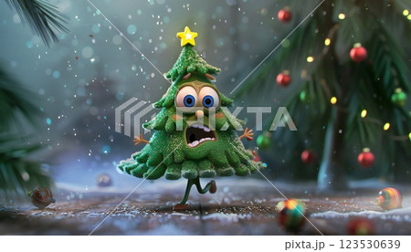 A scared cartoon Christmas tree character in motion 123530639
