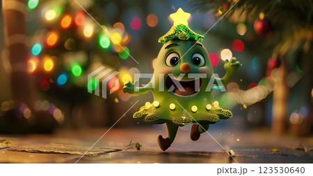 Frightened cartoon Christmas tree character running away 123530640