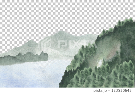 Lake surrounded by lush green forests and misty mountains watercolor landscape isolated on white. Water surface and tree canopies hand drawn for nature designs, postcards. Norwegian Fjords sketch art 123530645