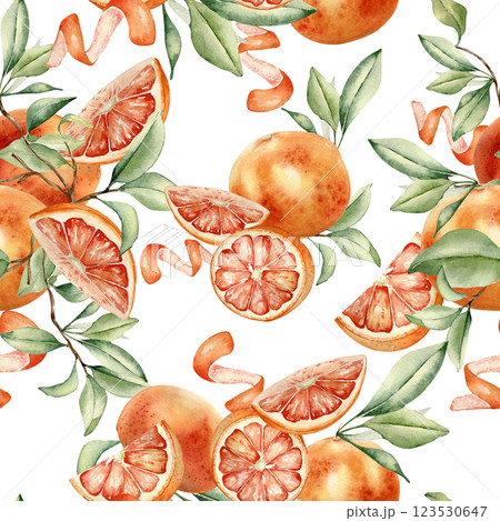Citrus trees and fruits on seamless pattern isolated. Watercolor grapefruits, citrus slices, green foliage hand drawn. Summer designs on repeated texture. Tropical background for packaging, textiles. 123530647