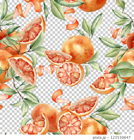 Citrus trees and fruits on seamless pattern isolated. Watercolor grapefruits, citrus slices, green foliage hand drawn. Summer designs on repeated texture. Tropical background for packaging, textiles. Citrus trees and fruits on seamless pattern isolated. Watercolor grapefruits, citrus slices, green foliage hand drawn. Summer designs on repeated texture. Tropical background for packaging, textiles. 123530647