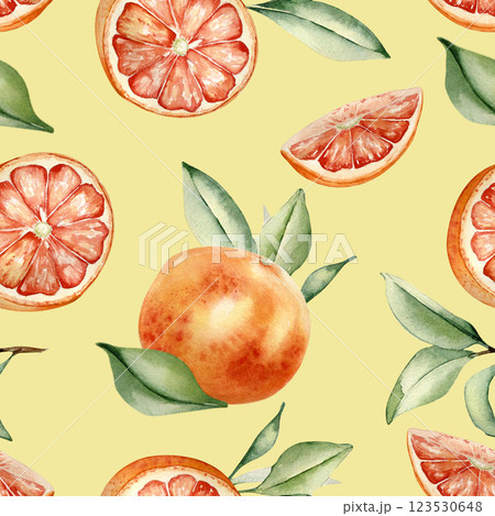 Red oranges, leaves watercolor seamless background isolated. Citrus summer textile pattern. Whole and half grapefruit and foliage hand drawn. Juicy fruits fresh texture in botanical style painted. Red oranges, leaves watercolor seamless background isolated. Citrus summer textile pattern. Whole and half grapefruit and foliage hand drawn. Juicy fruits fresh texture in botanical style painted. 123530648