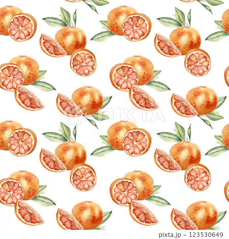 Grapefruits whole and segments by watercolor on repeated pattern isolated. Red oranges and leaves hand drawn. Juicy summer seamless background with citrus in botanical style for packaging, textile. 123530649