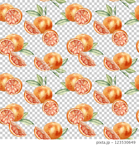 Grapefruits whole and segments by watercolor on repeated pattern isolated. Red oranges and leaves hand drawn. Juicy summer seamless background with citrus in botanical style for packaging, textile. 123530649